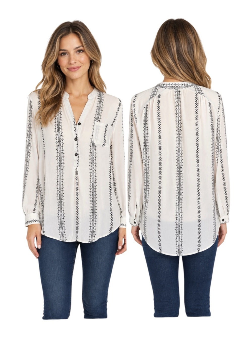 Blu Pepper Ivory Black Boho Print Blouse Size M Medium